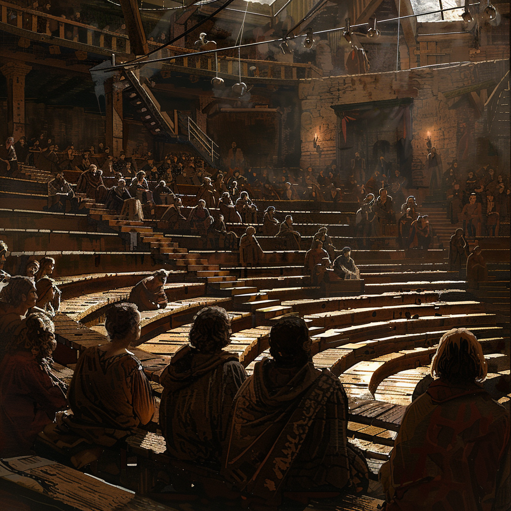 A building housing a set of concentric circles of seating with people in robes