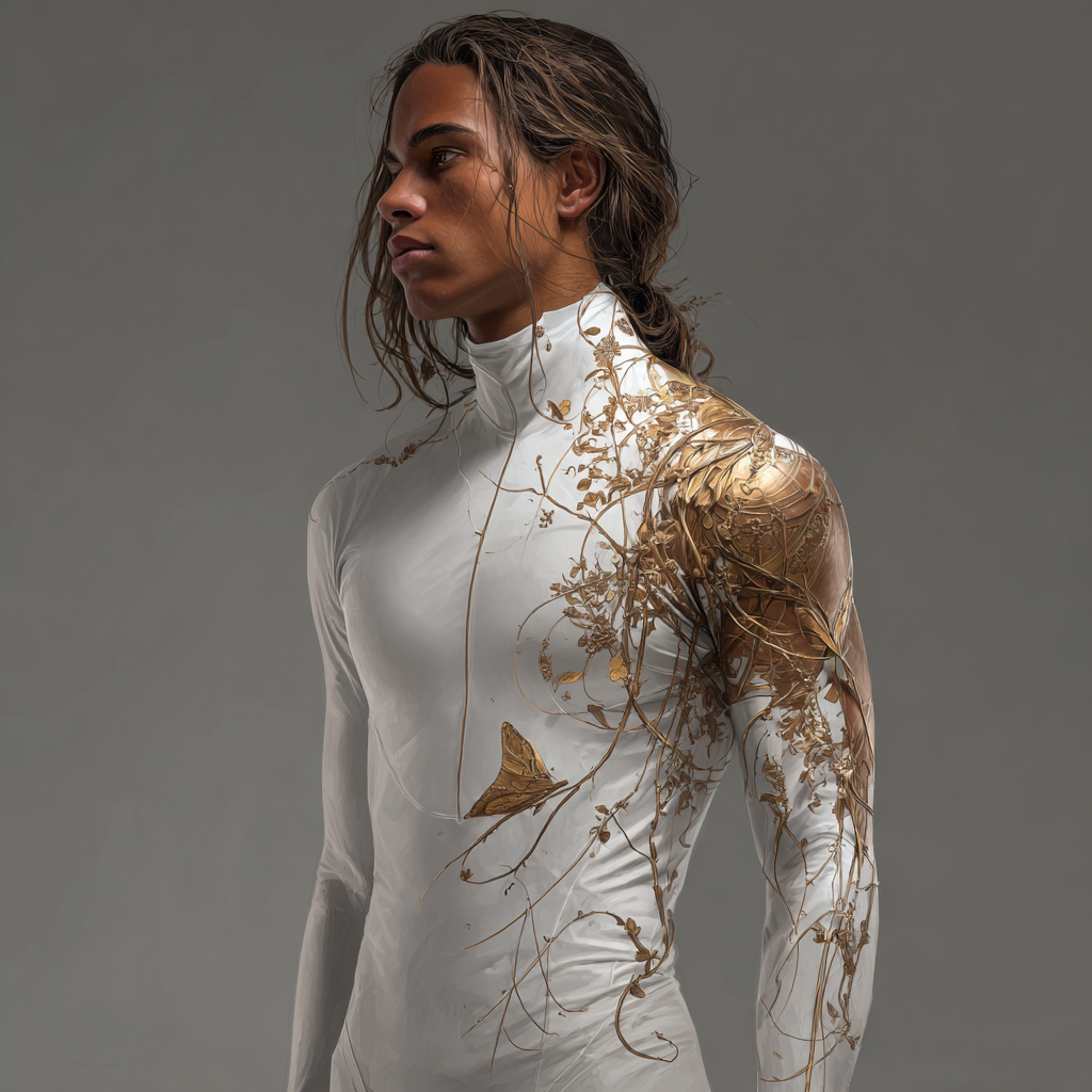 A vain young Homeworlder from an important family wearing a bi-tech outfit with and animated pattern