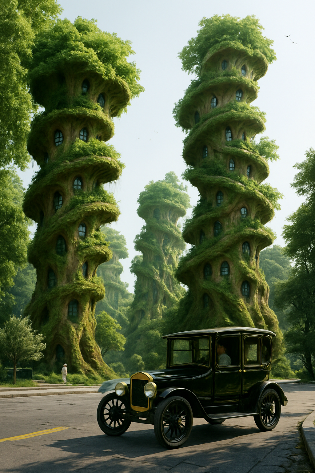 An old fashioned automobile driving past modern bi-tech buildings