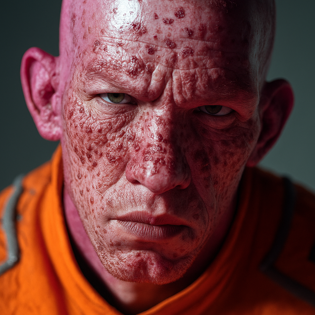 A fuchsia-skinned man with a broken nose and pock-marked skin