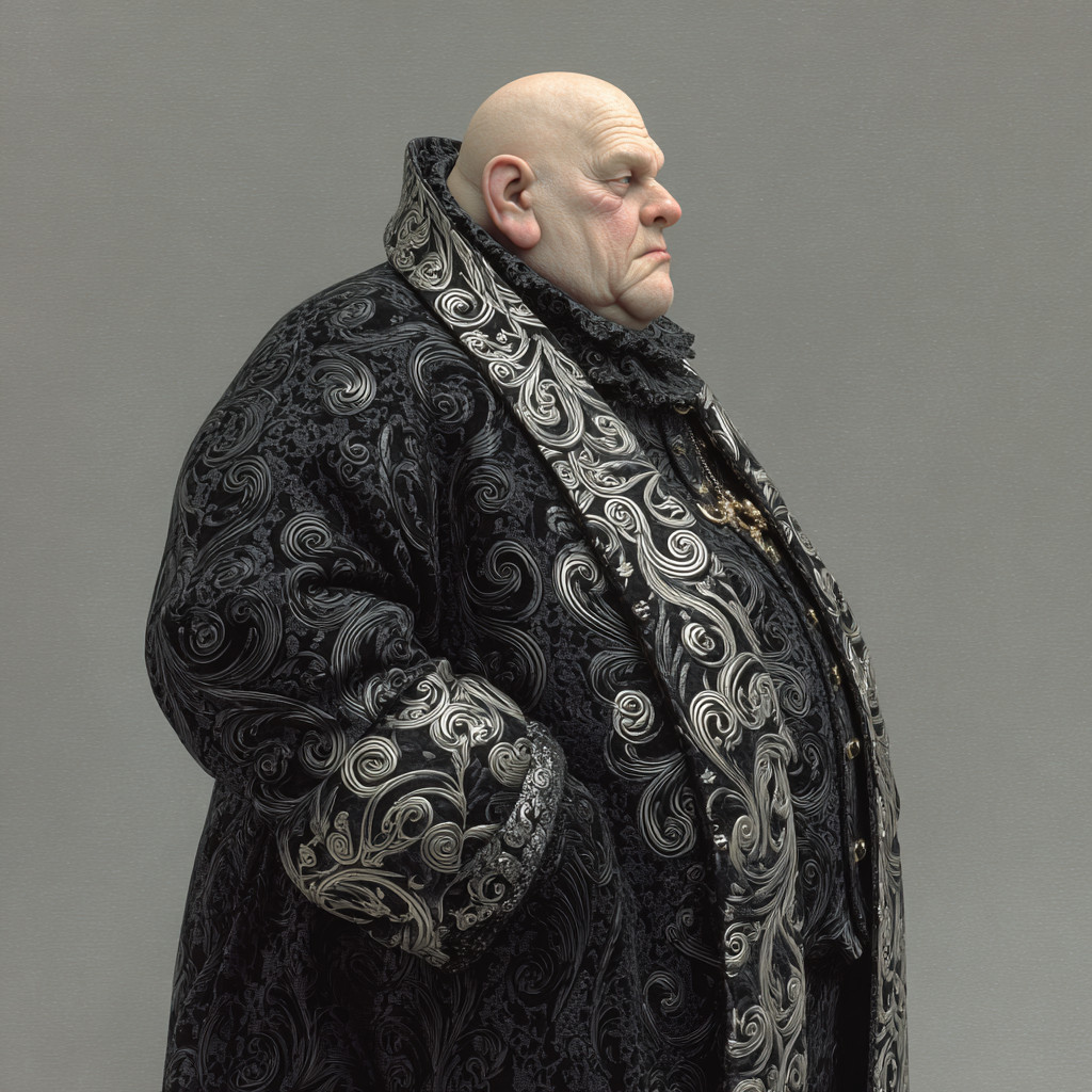 The Nuncio, the titular head of the Gallaskian diplomatic mission, wearing black brocade with silver whorls