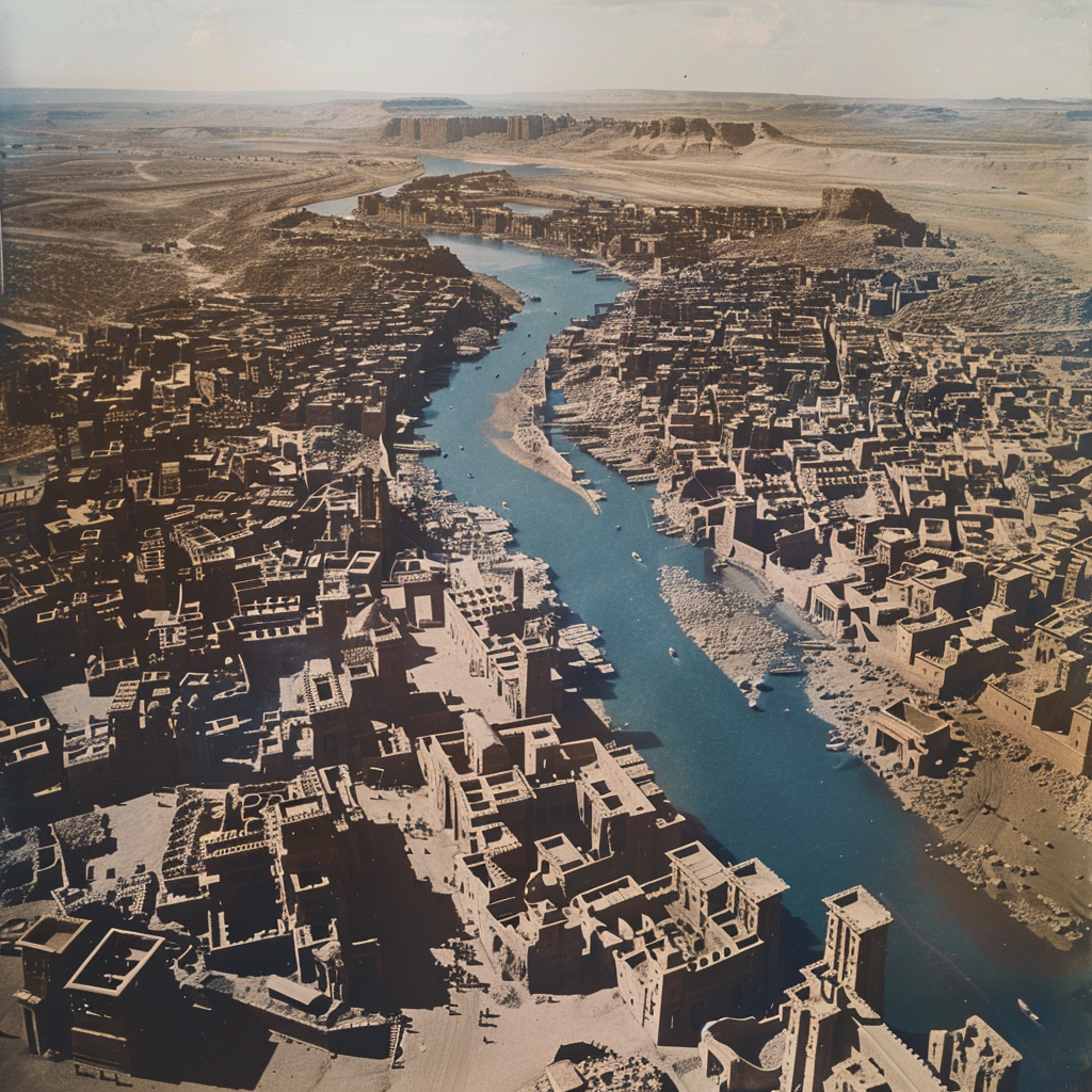 A desert city with a large river running through it