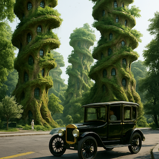 A primitive Noyan car driving past a bi-tech building