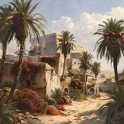 A dusty desert town with Casab trees