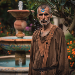 A despairing outcast man with a blue zero tattooed on his forehead