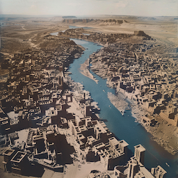 A large river running through a desert city